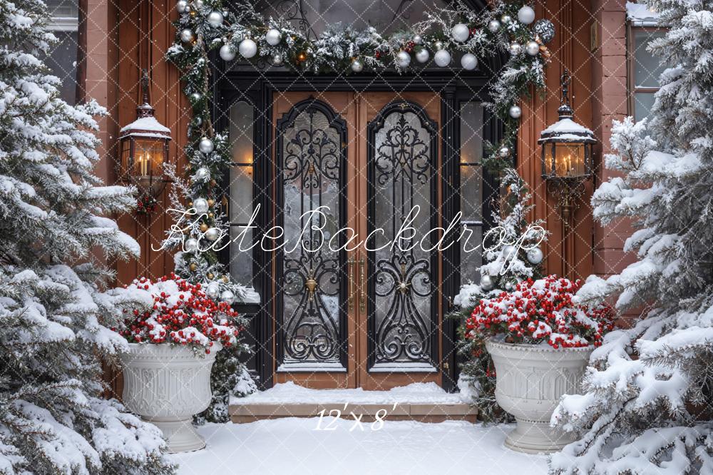 Kate Weihnachten Eisentür Schneebedeckte Tannen Fleece Hintergrund Entworfen von Emetselch - Kate Backdrop.de