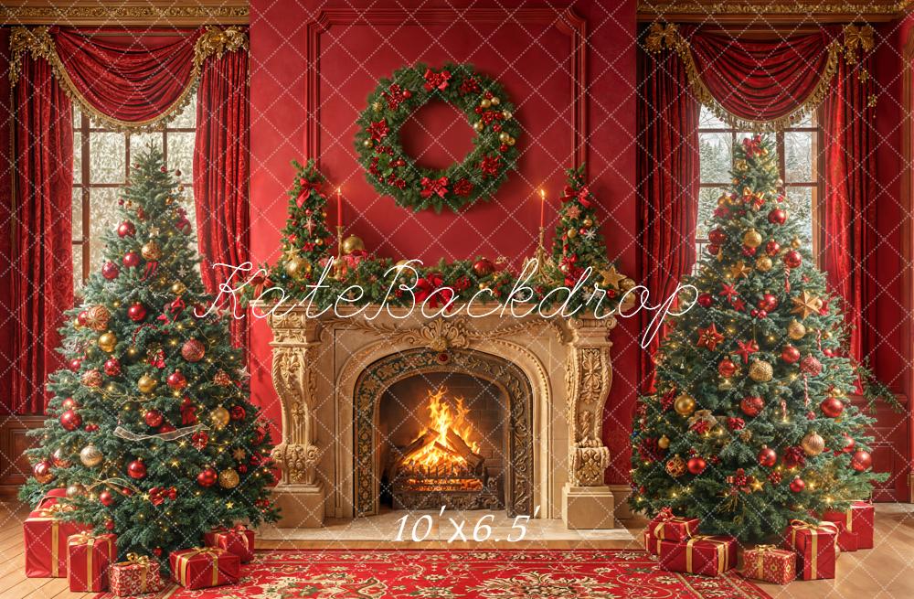 Kate Weihnachten Kamin Weihnachtsbaum Rot Fleece Hintergrund Entworfen von Emetselch - Kate Backdrop.de