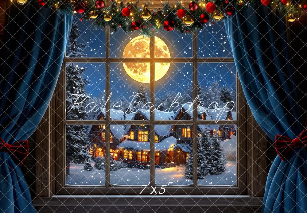 Kate Weihnachten Fenster Winterdorf Nacht Hintergrund Entworfen von Mini MakeBelieve - Kate Backdrop.de