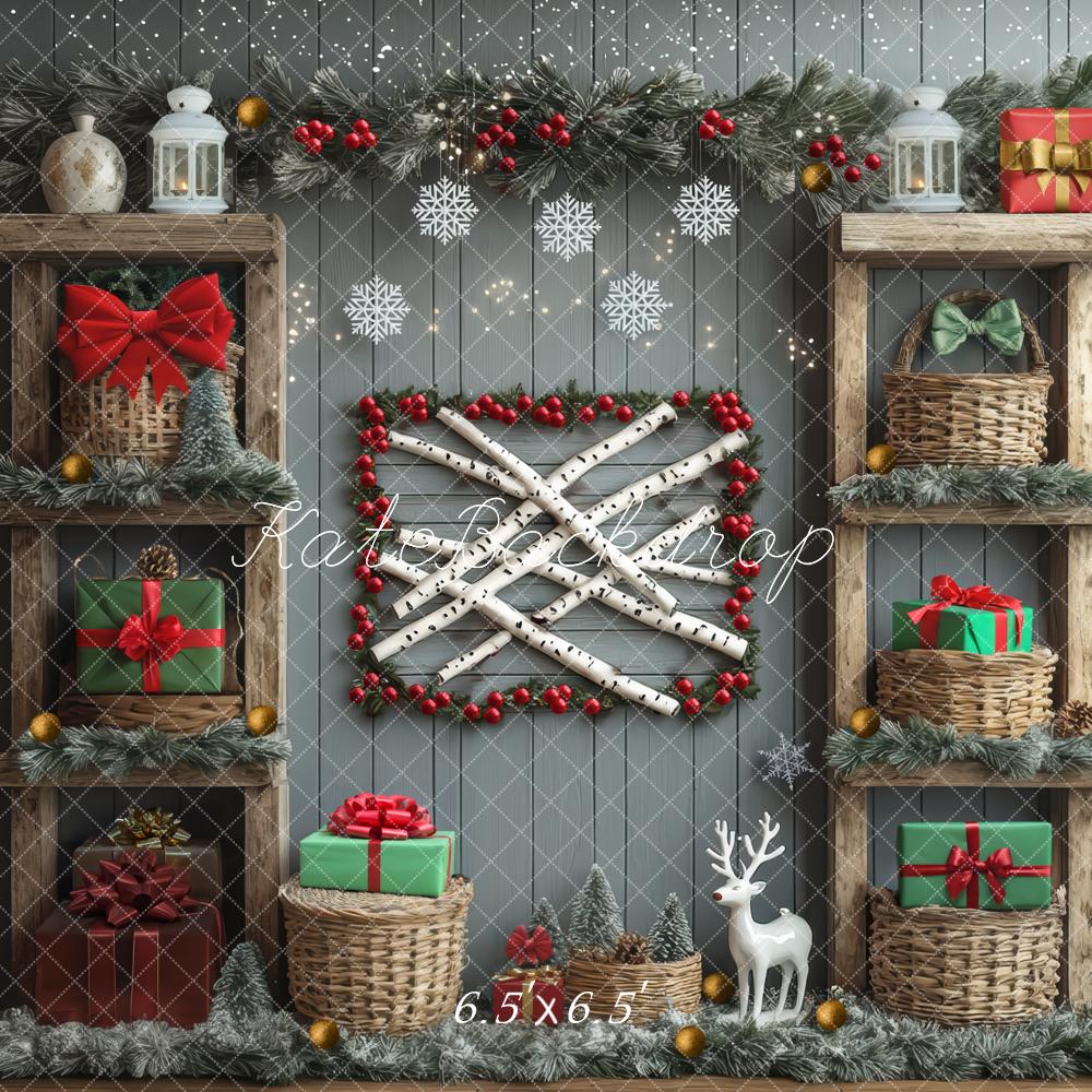 Kate Weihnachten Geschenke Regale Rustikal Hintergrund Entworfen von Mini MakeBelieve - Kate Backdrop.de