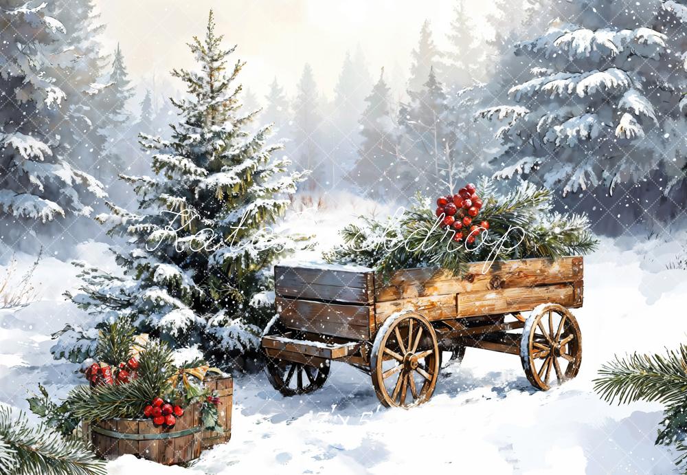 Kate Weihnachten Winterwald Holzschlitten Vintage Hintergrund Entworfen von Emetselch