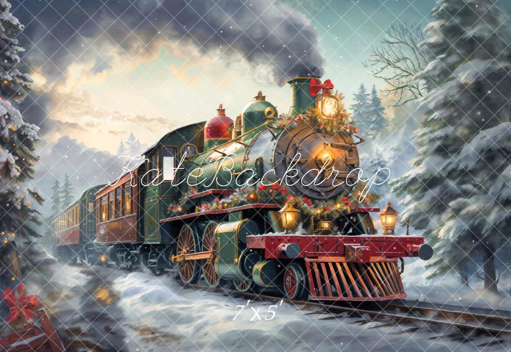 Kate Weihnachten Dampflok Schnee Winterwald Hintergrund Entworfen von Emetselch