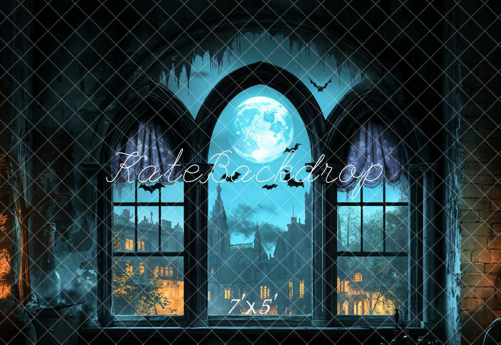 Kate Halloween Fenster Mond Fledermäuse Blau Hintergrund Entworfen von Emetselch