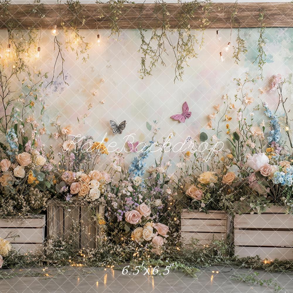 Kate Frühling Blumen Holzkisten Pastell Hintergrund Entworfen von Patty Roberts - Kate Backdrop.de