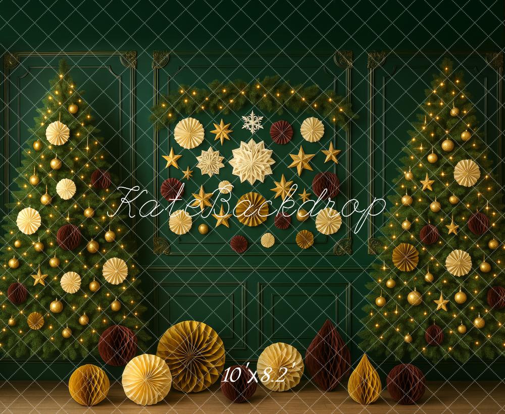 Kate Weihnachten Tannenbäume Gold Dekoration Hintergrund Entworfen von Megan Leigh - Kate Backdrop.de