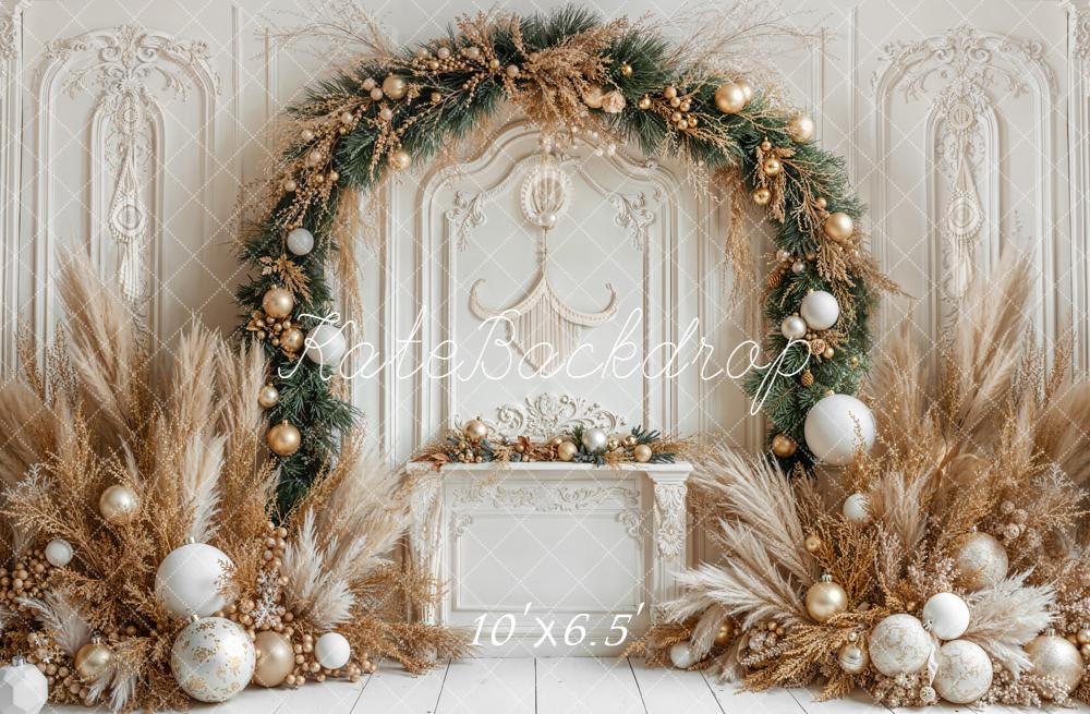 Kate Weihnachten Kamin Kranz Gold Hintergrund Entworfen von Emetselch - Kate Backdrop.de