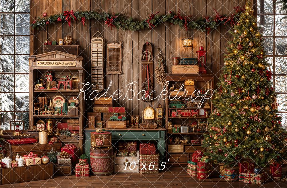Kate Weihnachten Geschenke Baum Holz Braun Fleece Hintergrund Entworfen von Emetselch - Kate Backdrop.de