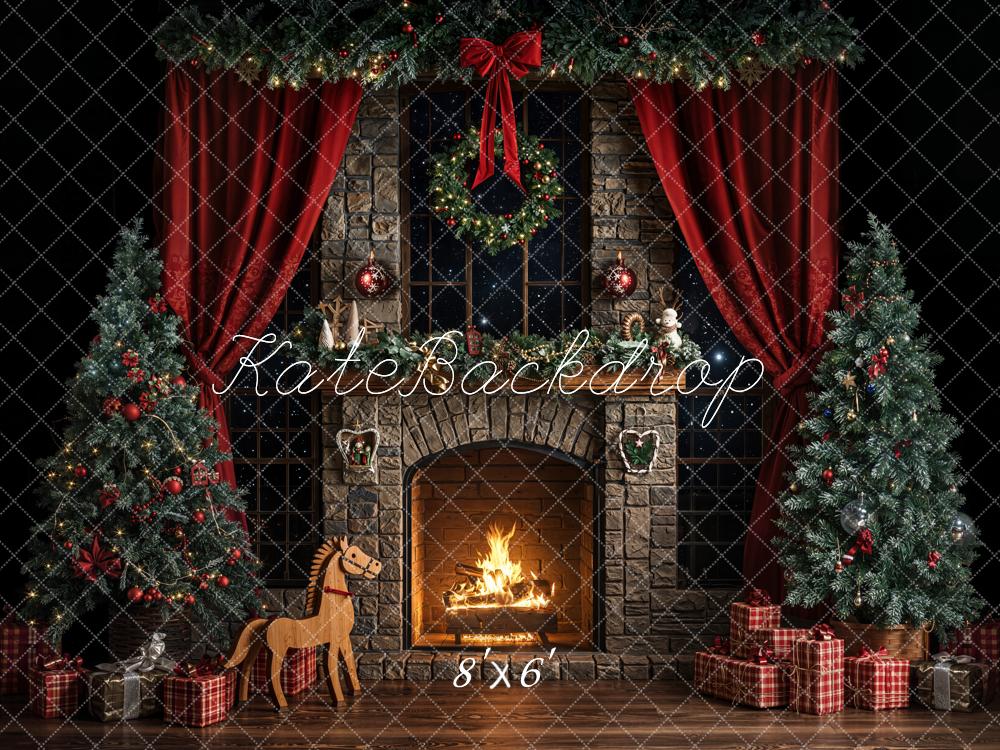 Kate Weihnachten Kamin Weihnachtsbaum Rot Fleece Hintergrund Entworfen von Emetselch - Kate Backdrop.de