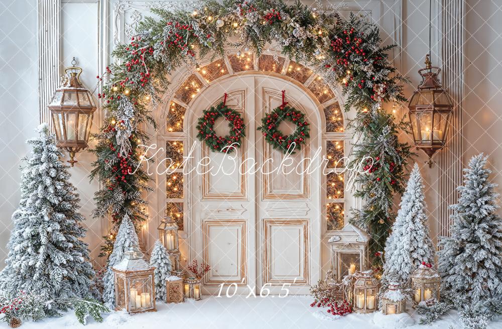 Kate Weihnachten Tür Kranz Schneebäume Fleece Hintergrund Entworfen von Emetselch