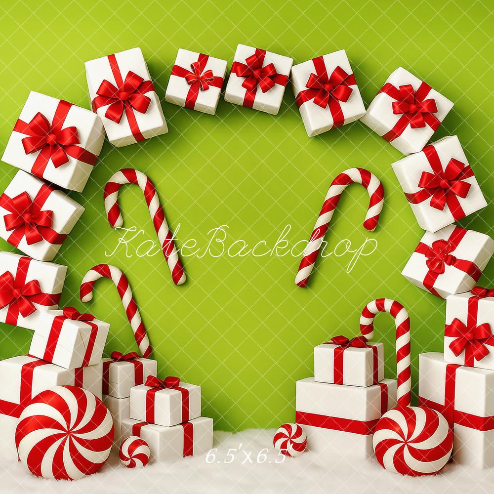 Kate Weihnachten Geschenke Zuckerstangen Grün Hintergrund Entworfen von Patty Roberts - Kate Backdrop.de