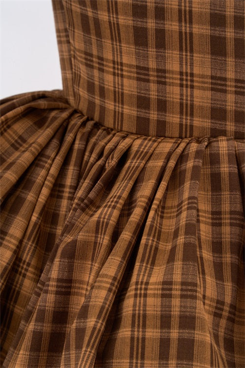Kate Klassisches braunes kariertes Mädchenkleid mit Puffärmeln für die Fotografie - Kate Backdrop.de