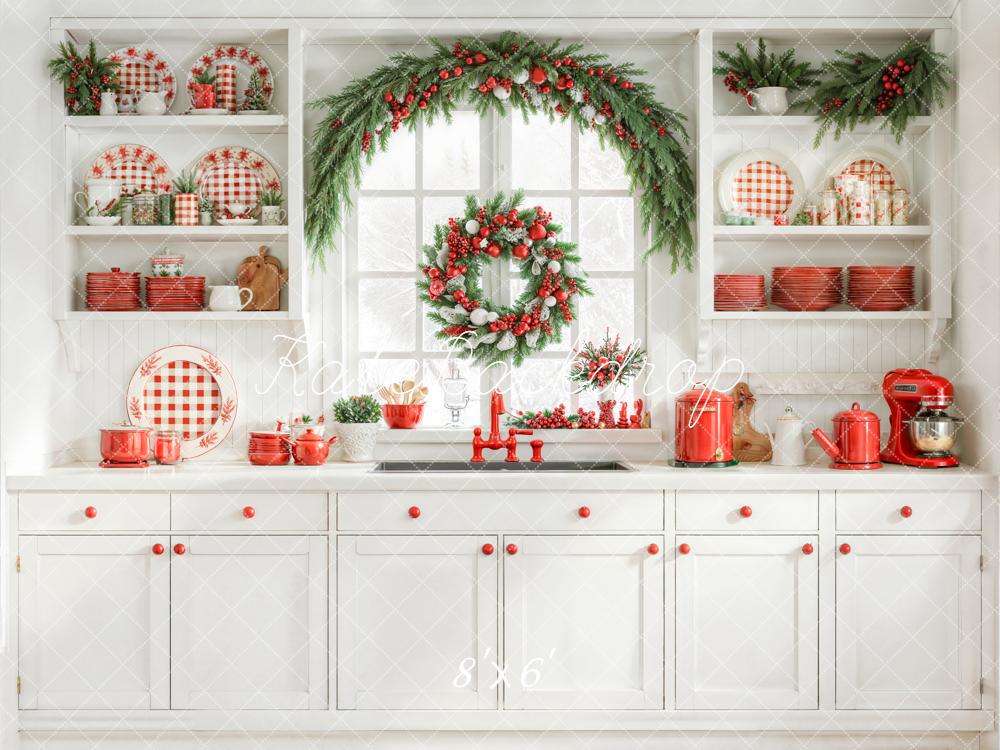 Kate Weihnachten Küche Kranz Rot Weiß Hintergrund Entworfen von Emetselch - Kate Backdrop.de