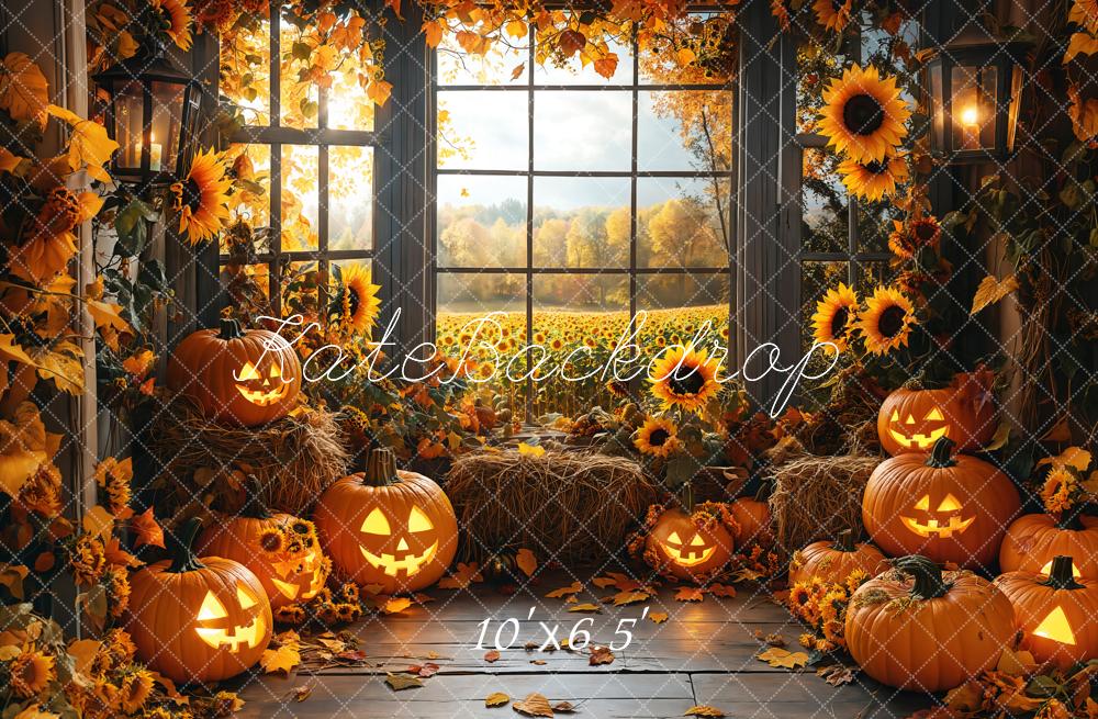 Kate Halloween Kürbisse Sonnenblumen Fenster Hintergrund Entworfen von Emetselch