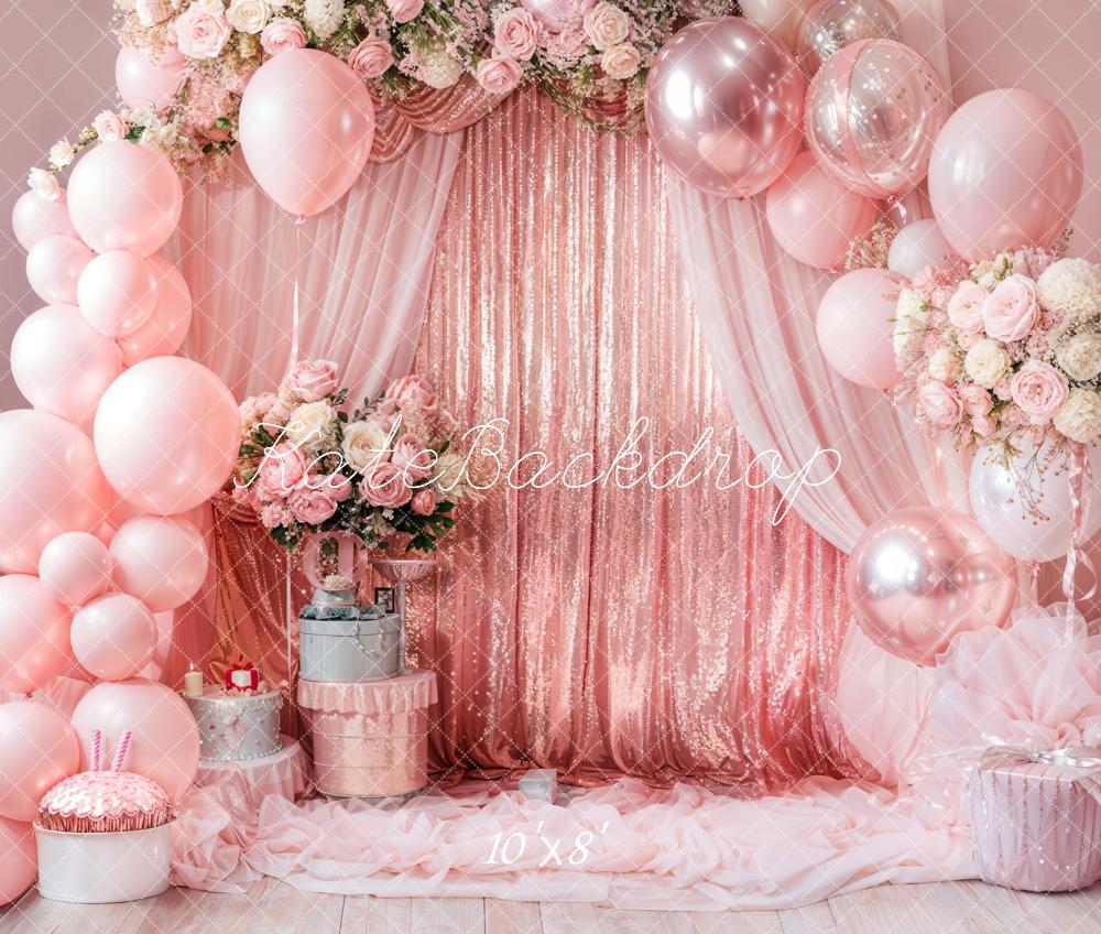 Kate Geburtstag Ballons Blumen Rosa Fleece Hintergrund Entworfen von Emetselch - Kate Backdrop.de