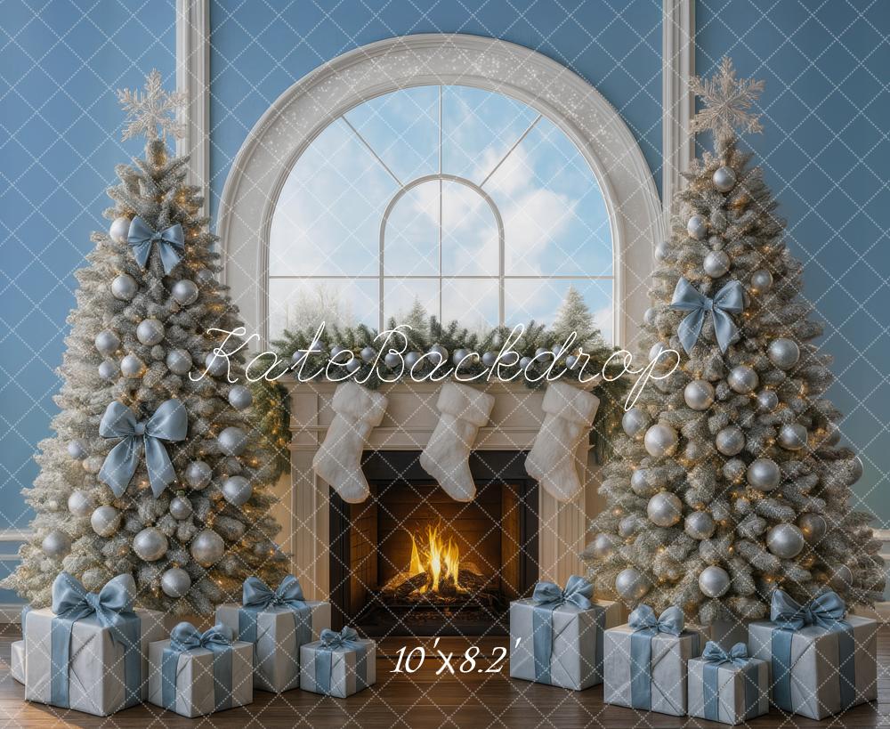 Kate Weihnachten Kamin Weihnachtsbäume Blau Hintergrund Entworfen von Mini MakeBelieve - Kate Backdrop.de