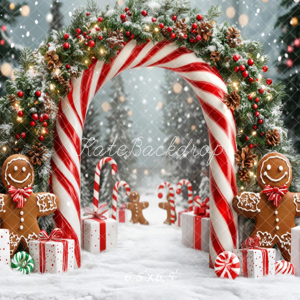 Kate Christmas Zuckerstangen Bogen Lebkuchen Rot Weiß Hintergrund Entworfen von Emetselch - Kate Backdrop.de
