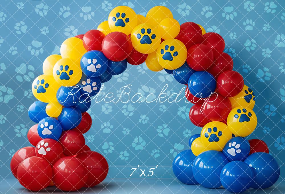 Kate Kinder Ballonbogen Pfoten Blau Rot Gelb Hintergrund Entworfen von Emetselch - Kate Backdrop.de