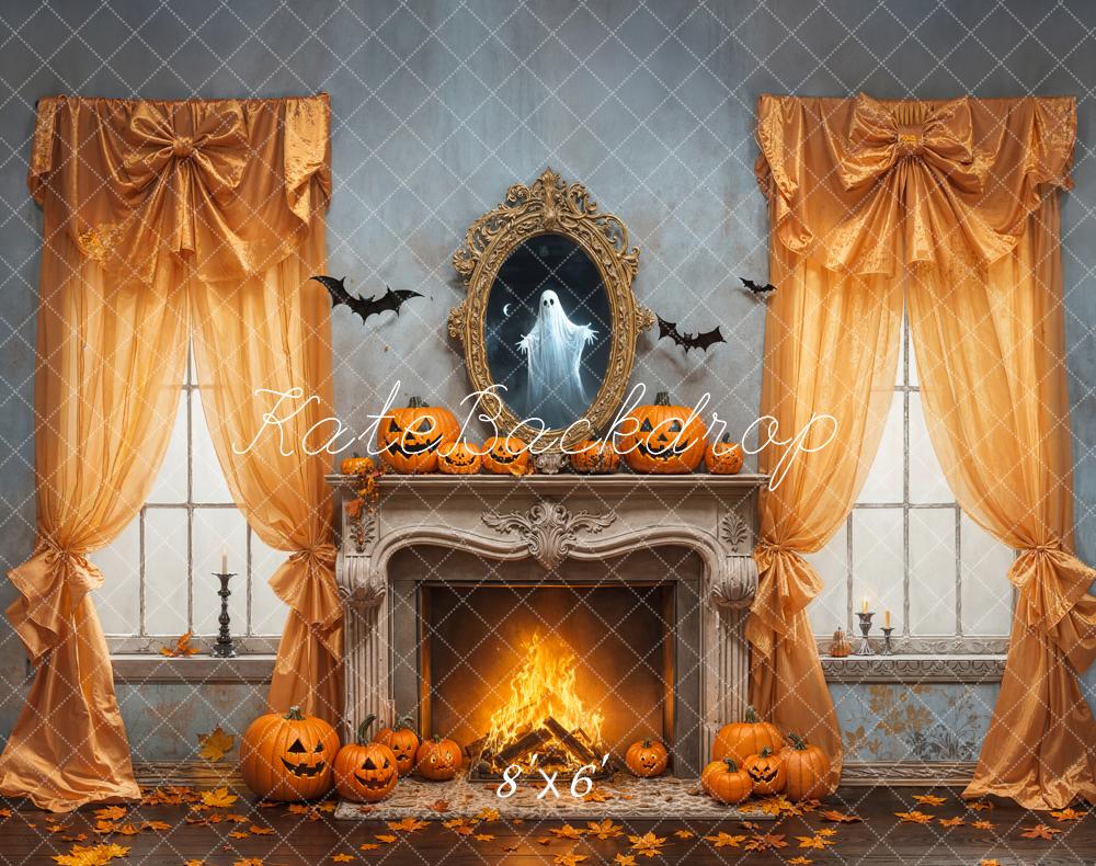 Kate Halloween Kürbisse Kamin Goldvorhänge Fleece Hintergrund Entworfen von Emetselch - Kate Backdrop.de
