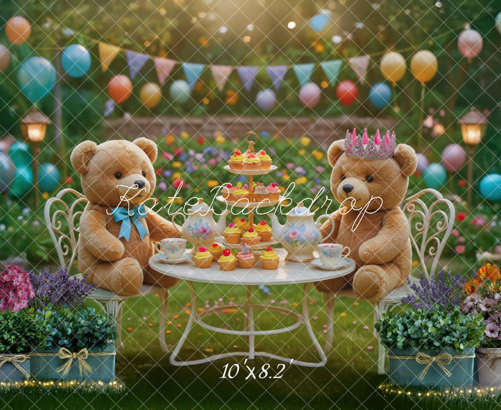 Kate Geburtstag Teddybären Garten Bunt Hintergrund Entworfen von Mini MakeBelieve - Kate Backdrop.de