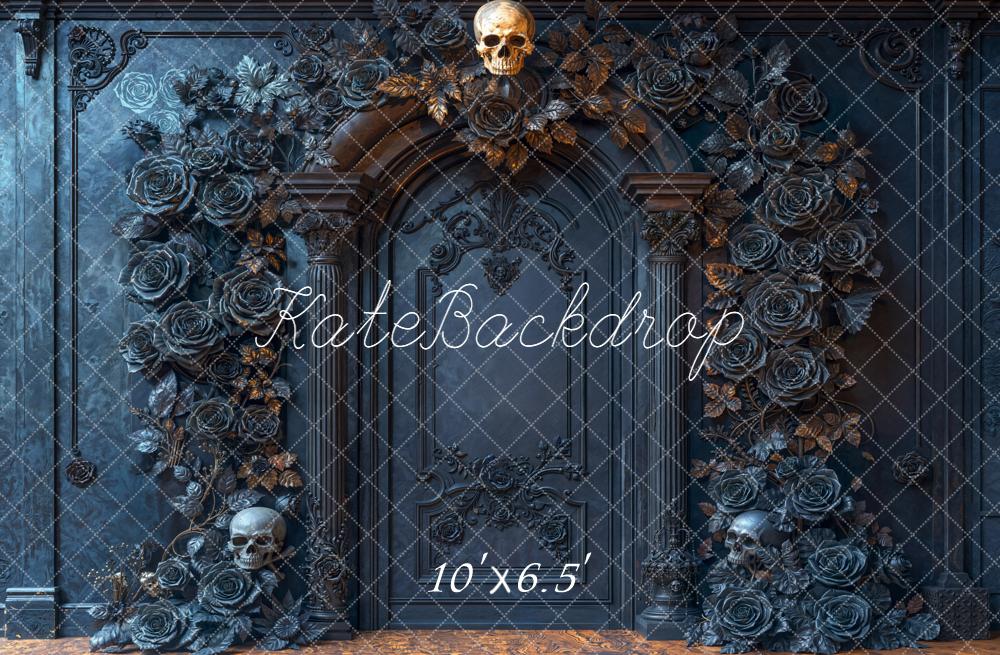 Kate Halloween Schädel Rosen Barock Dunkelblau Hintergrund Entworfen von Emetselch - Kate Backdrop.de