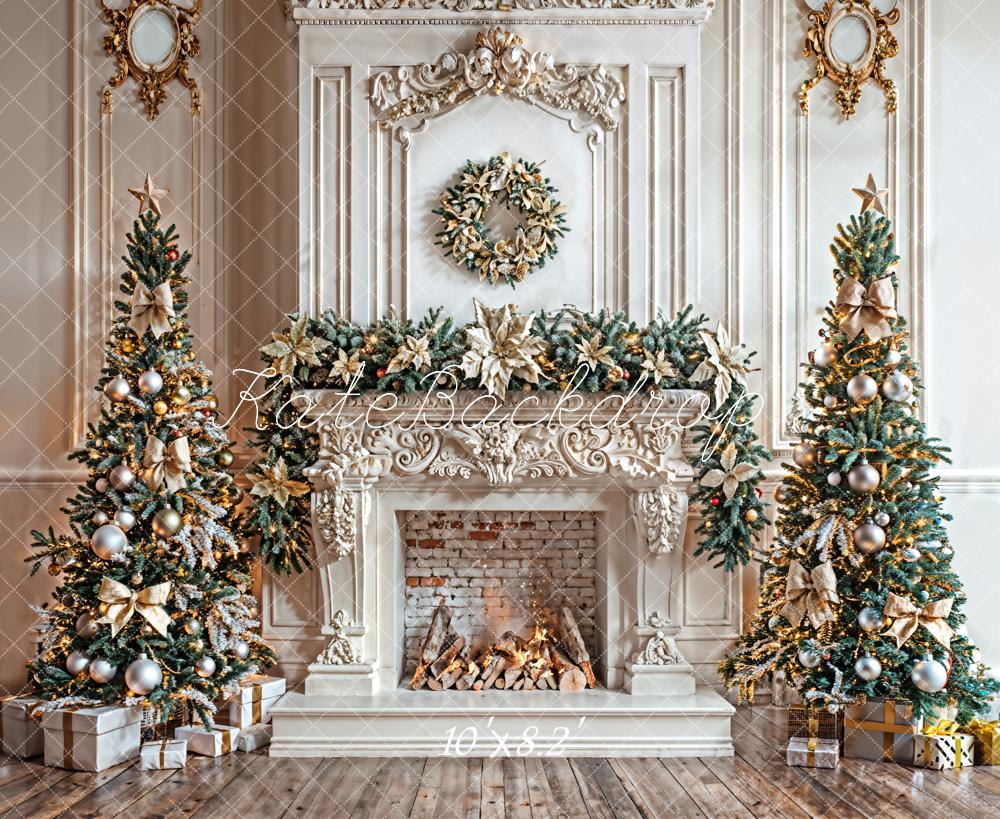Kate Weihnachten Kamin Tannenbäume Gold Hintergrund Entworfen von Emetselch