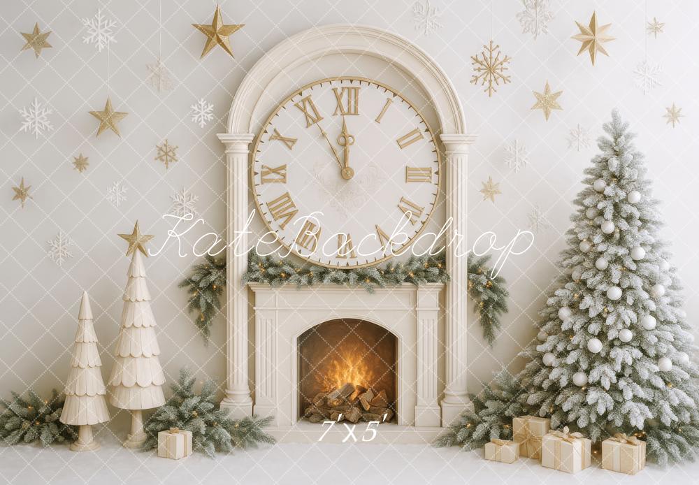 Kate Weihnachten Kamin Uhr Tannenbaum Gold Hintergrund Entworfen von Patty Roberts - Kate Backdrop.de