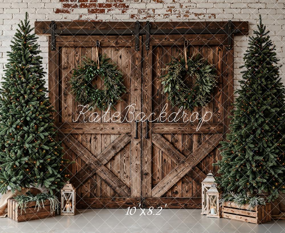 Kate Weihnachten Tannenbäume Holztür Rustikal Fleece Hintergrund Entworfen von Emetselch - Kate Backdrop.de