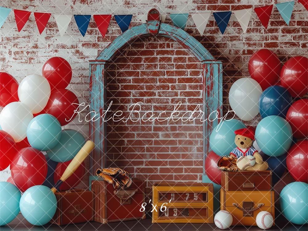 Kate Kinder Baseball Ballons Backstein Vintage Hintergrund Entworfen von Mini MakeBelieve - Kate Backdrop.de