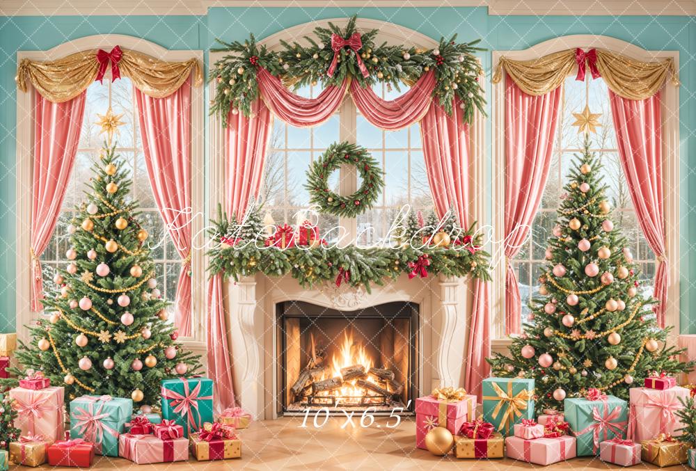 Kate Weihnachten Kamin Weihnachtsbäume Pastell Fleece Hintergrund Entworfen von Emetselch - Kate Backdrop.de