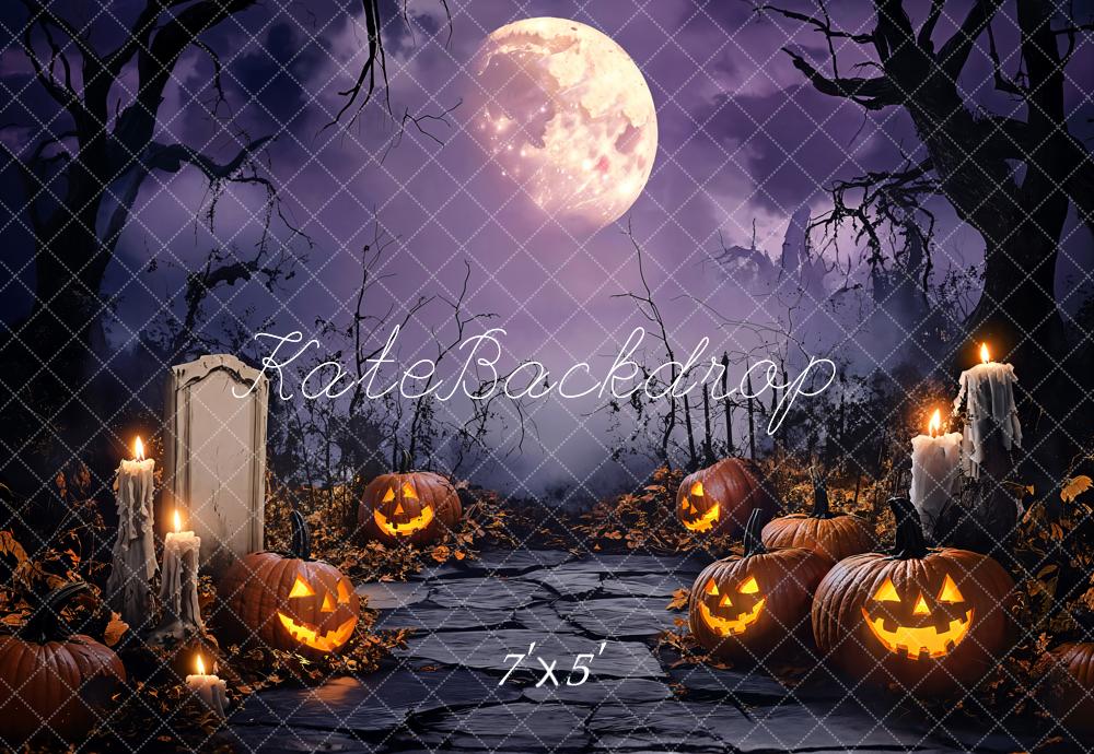 Kate Halloween Kürbisse Grabstein Lila Hintergrund Entworfen von Emetselch - Kate Backdrop.de