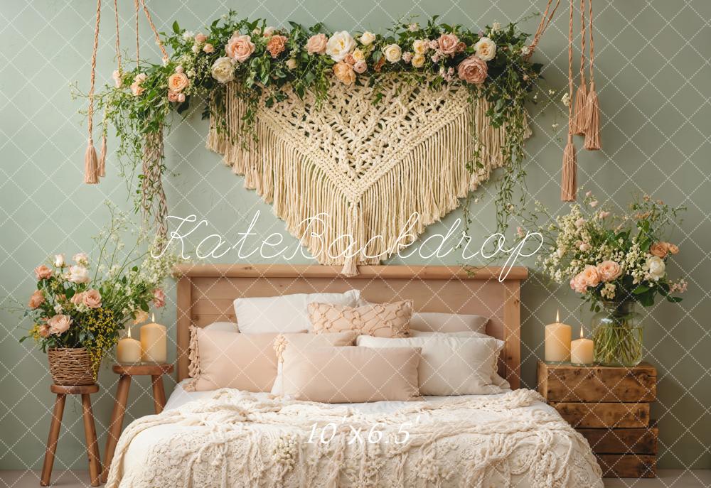 Kate Boho Schlafzimmer Blumen Grün Fleece Hintergrund Entworfen von Emetselch - Kate Backdrop.de