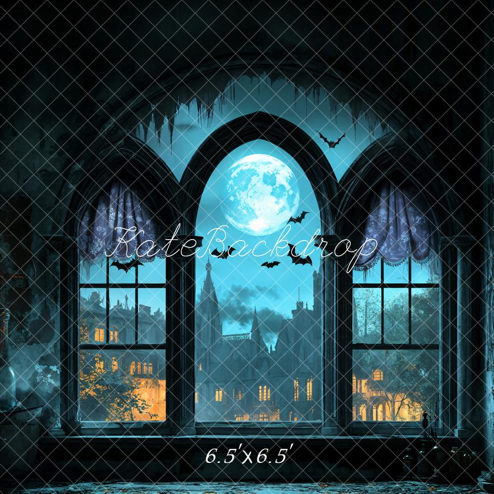 Kate Halloween Fenster Mond Fledermäuse Blau Hintergrund Entworfen von Emetselch