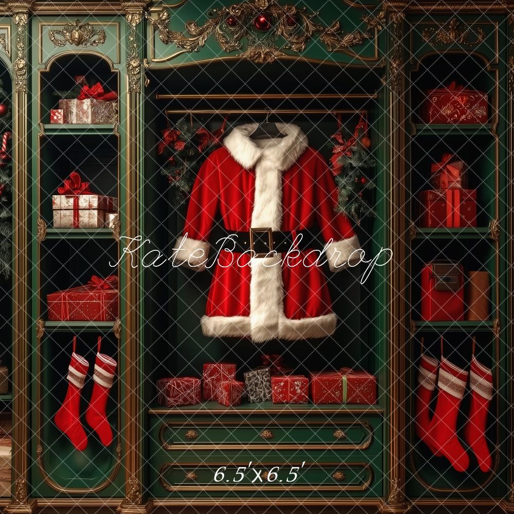 Kate Weihnachten Santa Kostüm Geschenke Regal Hintergrund Entworfen von Patty Roberts - Kate Backdrop.de