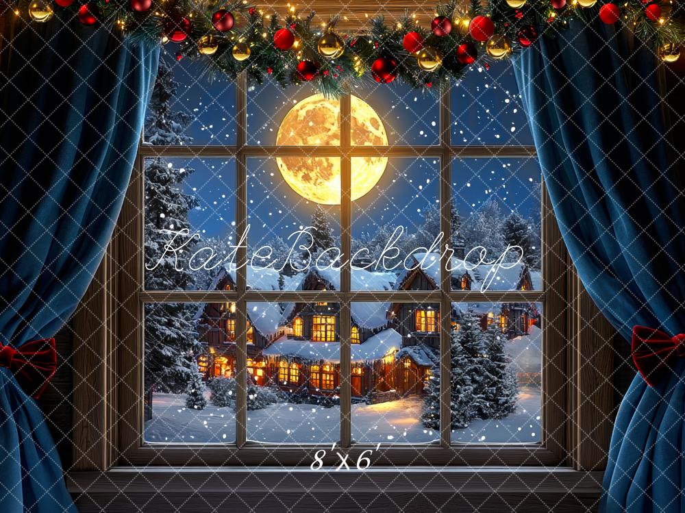 Kate Weihnachten Fenster Winterdorf Nacht Hintergrund Entworfen von Mini MakeBelieve - Kate Backdrop.de