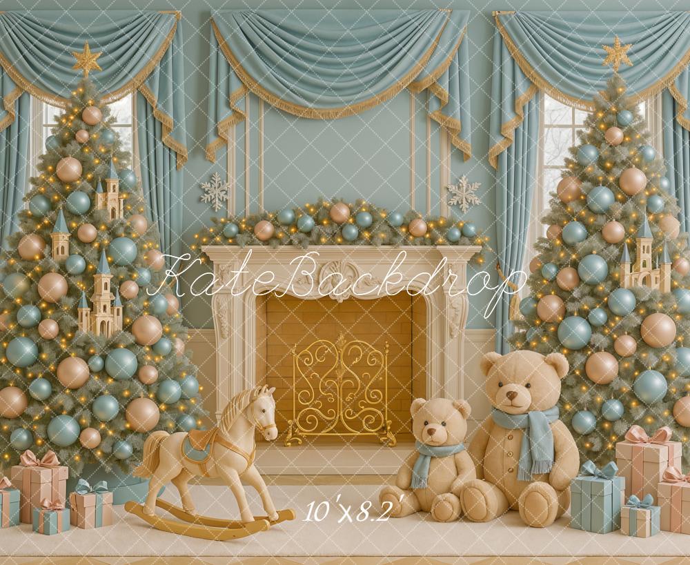 Kate Weihnachten Kamin Teddybär Pastell Hintergrund Entworfen von Ashley Paul - Kate Backdrop.de