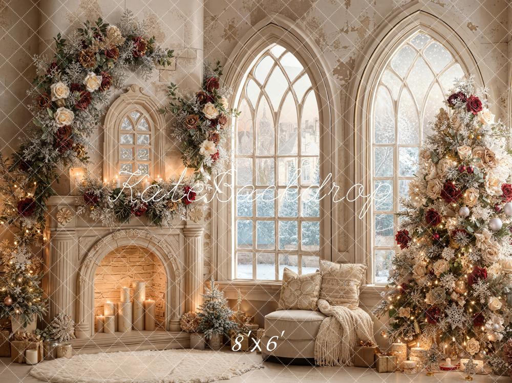 Kate Weihnachten Kamin Weihnachtsbaum Blumen Creme Fleece Hintergrund Entworfen von Emetselch