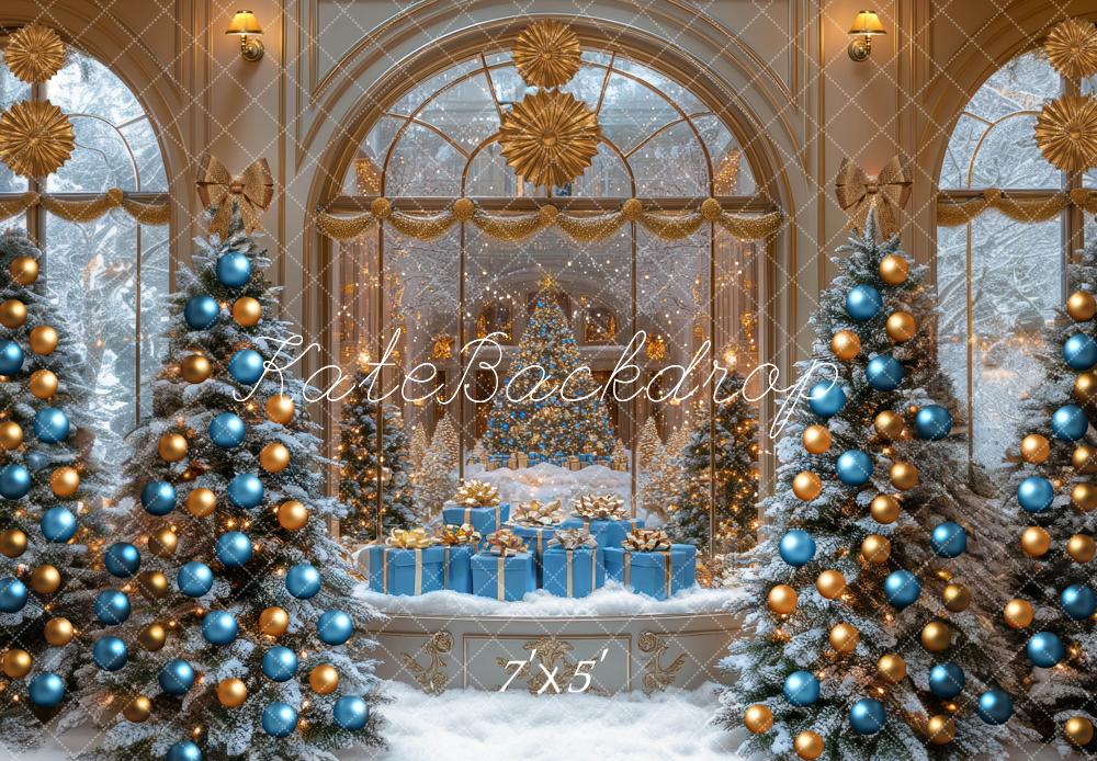 Kate Weihnachten Tannenbaum Geschenke Blau Gold Hintergrund Entworfen von Mini MakeBelieve - Kate Backdrop.de