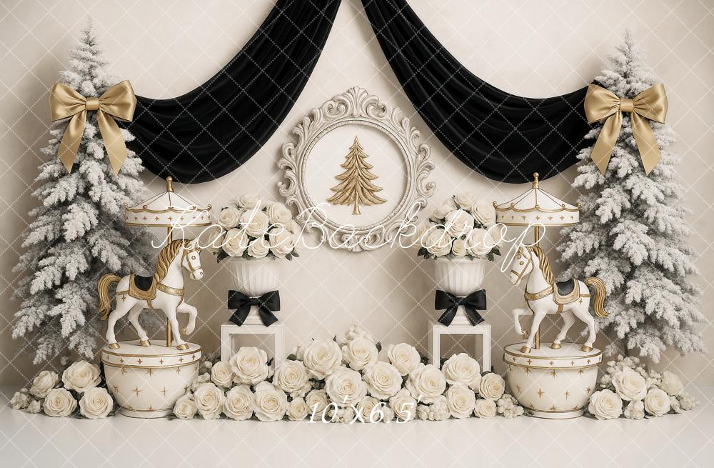Kate Weihnachten Karussellpferde Tannen Creme Gold Hintergrund Entworfen von Ashley Paul - Kate Backdrop.de