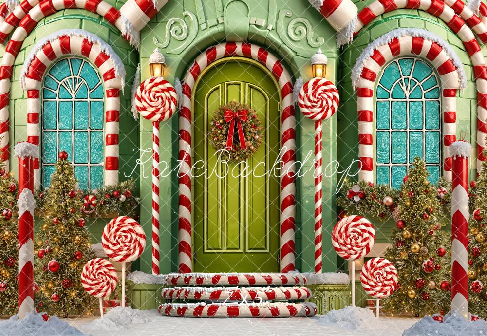 Kate Weihnachten Zuckerstangen Türhaus Grün Hintergrund Entworfen von Emetselch - Kate Backdrop.de