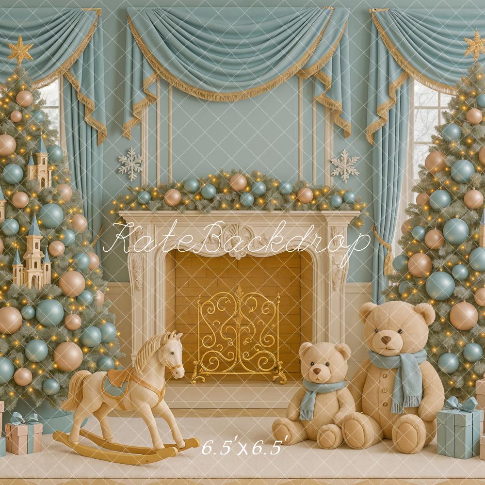 Kate Weihnachten Kamin Teddybär Pastell Hintergrund Entworfen von Ashley Paul - Kate Backdrop.de