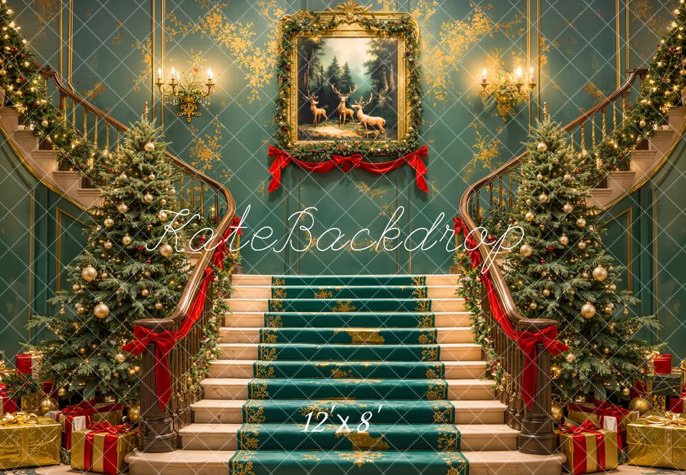 Kate Weihnachten Treppe Geschenke Tannenbaum Fleece Hintergrund Entworfen von Emetselch - Kate Backdrop.de