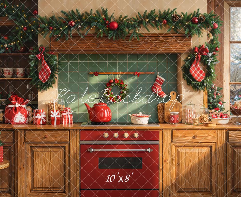 Kate Weihnachten Küche Girlande Rot Fleece Hintergrund Entworfen von Emetselch - Kate Backdrop.de