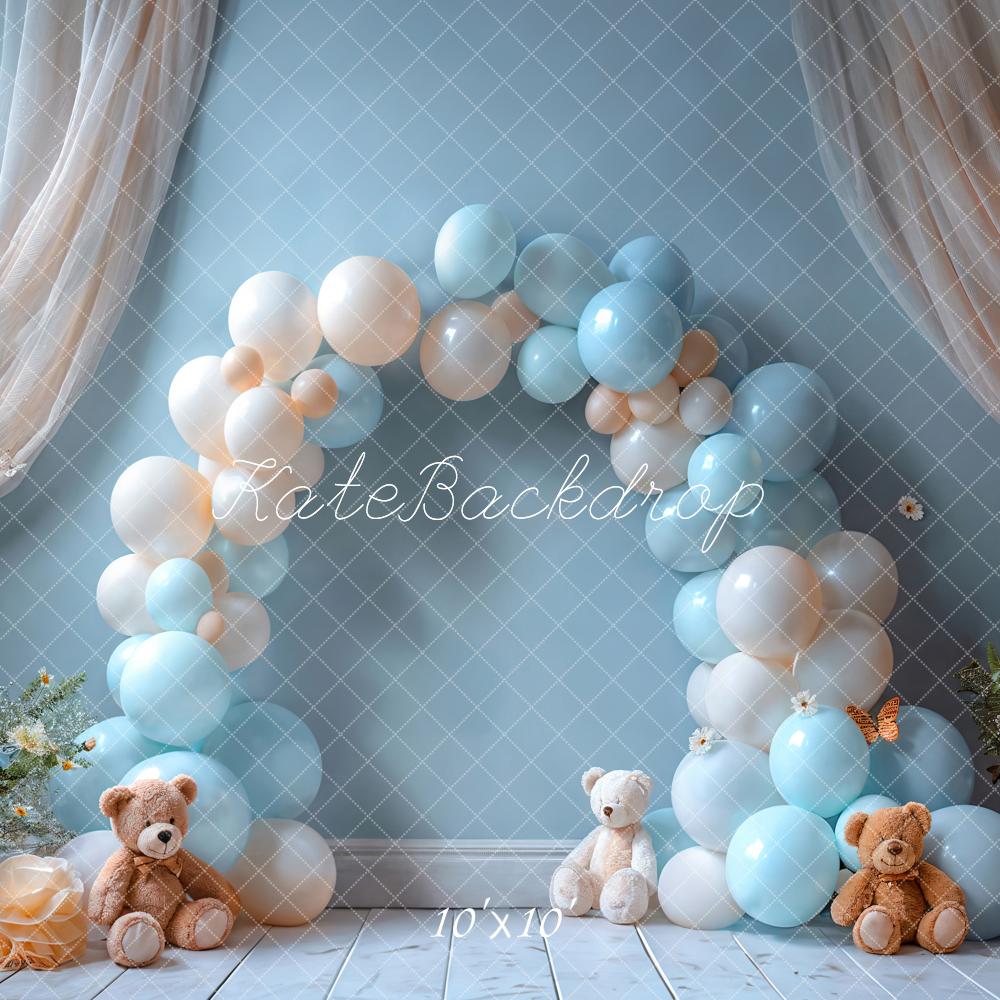 Kate Geburtstag Ballonbogen Teddybären Blau Hintergrund Entworfen von Emetselch - Kate Backdrop.de