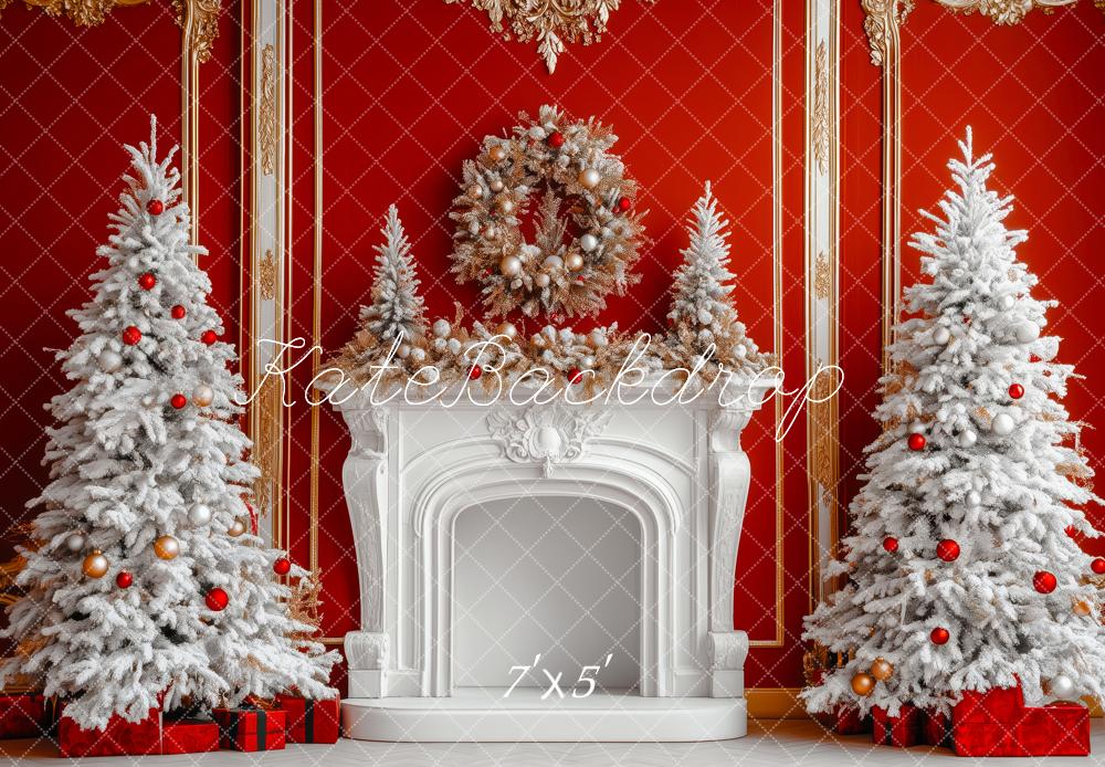 Kate Weihnachten Kamin Schneebäume Rot Hintergrund Entworfen von Patty Roberts
