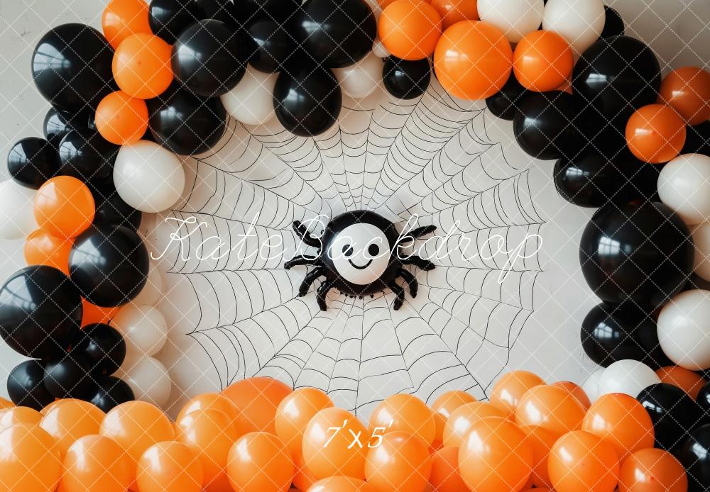 Kate Halloween Spinnennetz Ballons Orange Schwarz Hintergrund Entworfen von Patty Roberts - Kate Backdrop.de