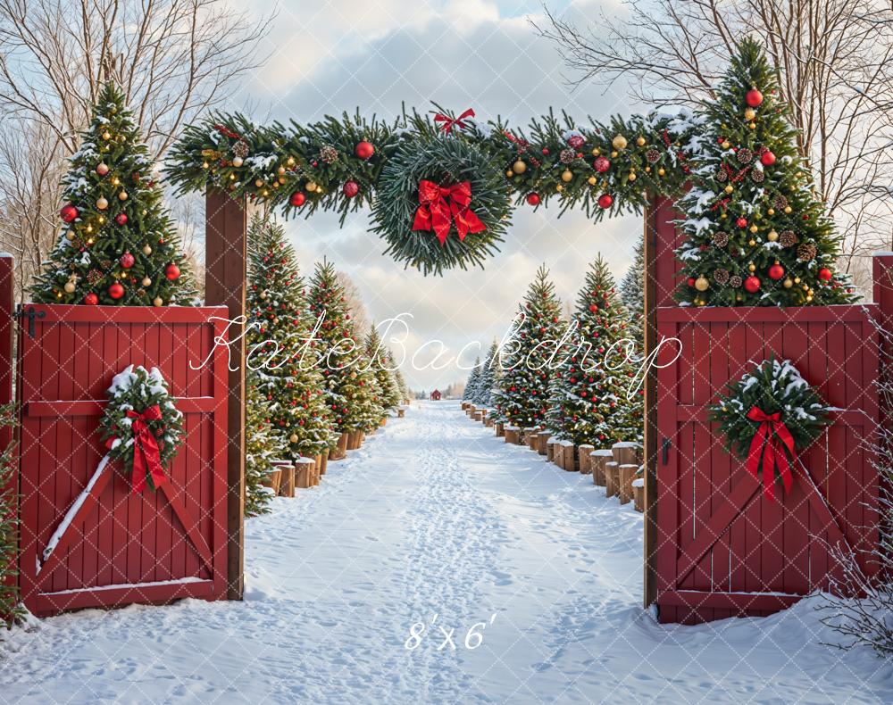 Kate Weihnachten Tannenbäume Rote Tür Schnee Fleece Hintergrund Entworfen von Emetselch - Kate Backdrop.de