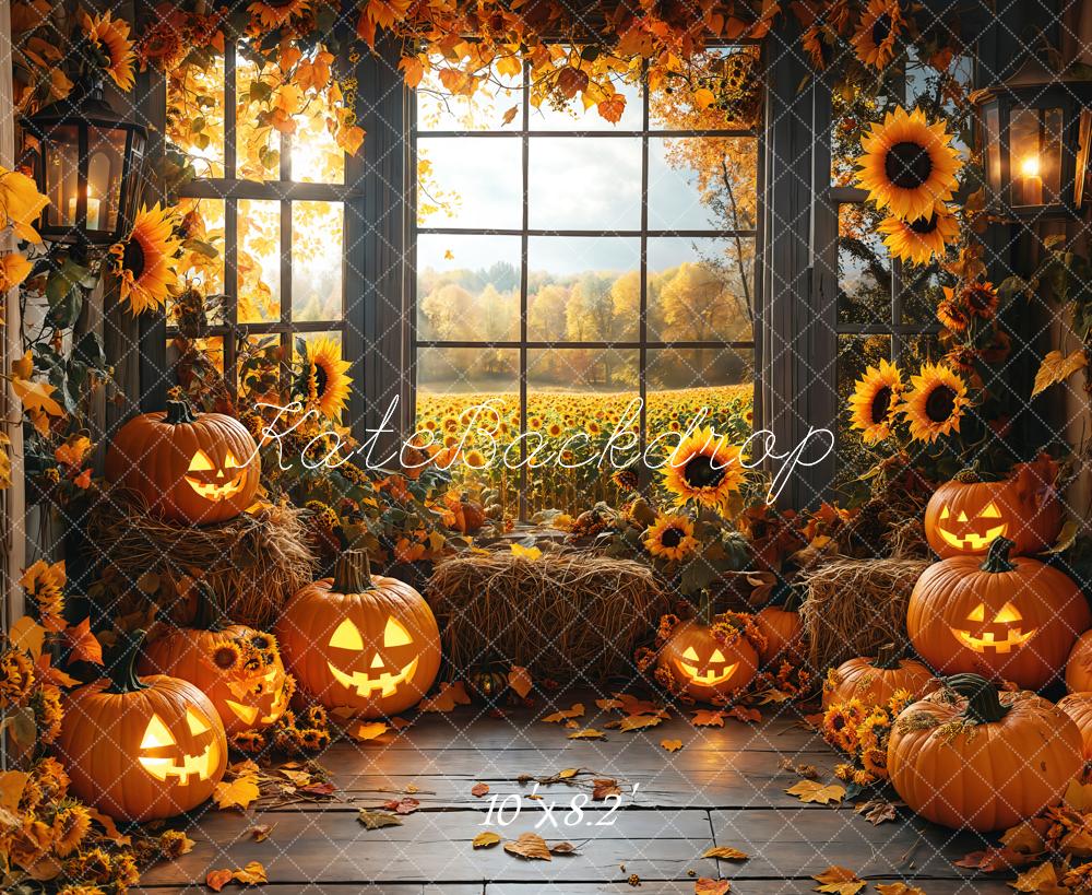 Kate Halloween Kürbisse Sonnenblumen Fenster Hintergrund Entworfen von Emetselch