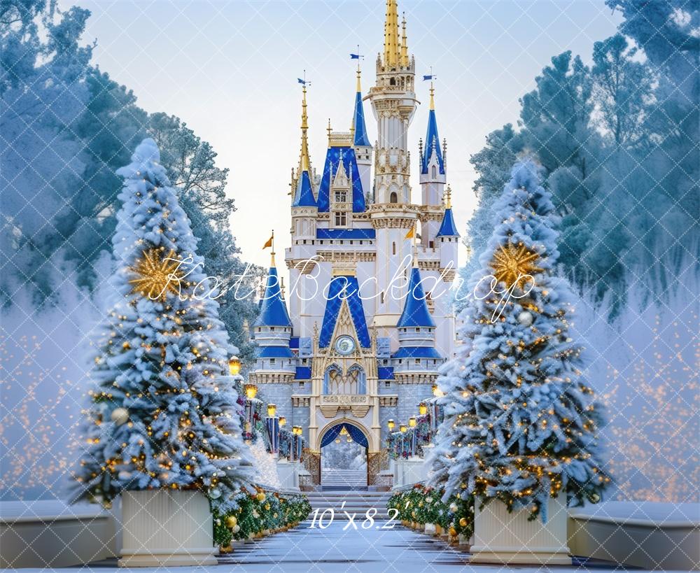 Kate Weihnachten Schloss Tannenbäume Blau Hintergrund Entworfen von Mini MakeBelieve - Kate Backdrop.de