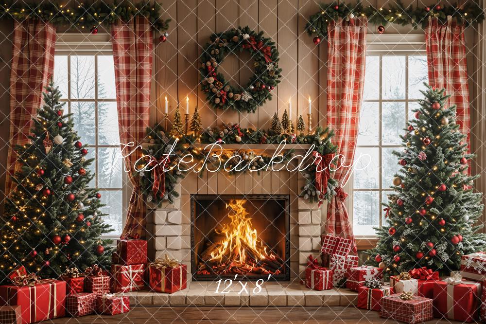Kate Weihnachten Kamin Weihnachtsbaum Rot Fleece Hintergrund Entworfen von Emetselch - Kate Backdrop.de