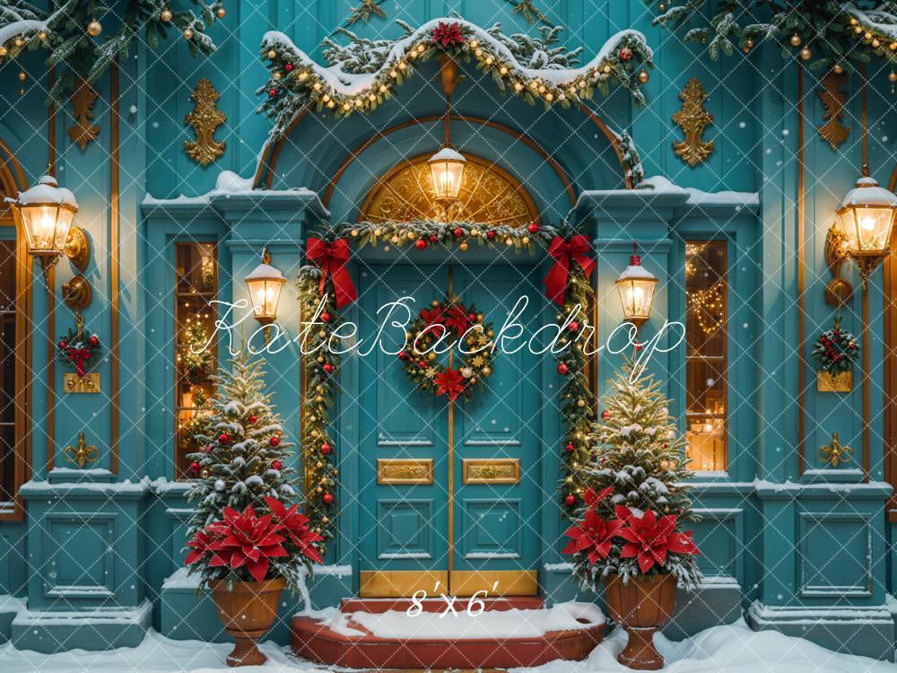 Kate Weihnachten Blaue Tür Kranz Schnee Hintergrund Entworfen von Emetselch - Kate Backdrop.de